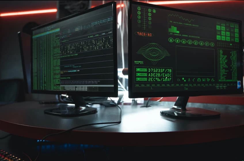 Two computer monitors in a dark room.