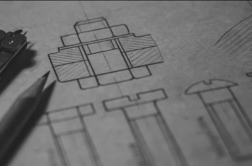 A black and white photo of a drawing with a pencil on it.